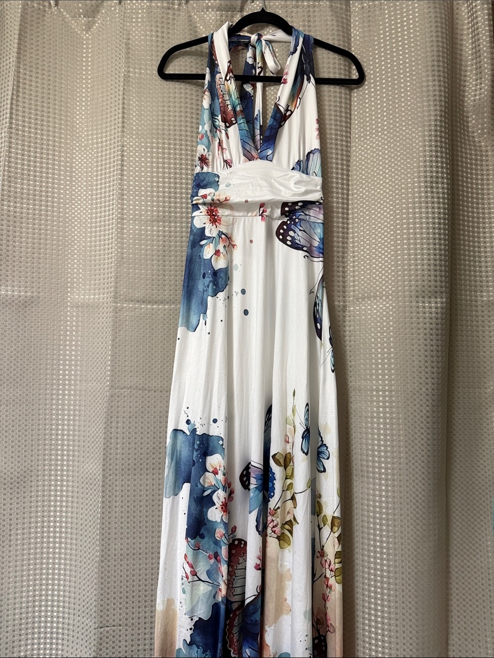 SHEIN White Halter Maxi Dress with Blue Floral & Butterfly Print